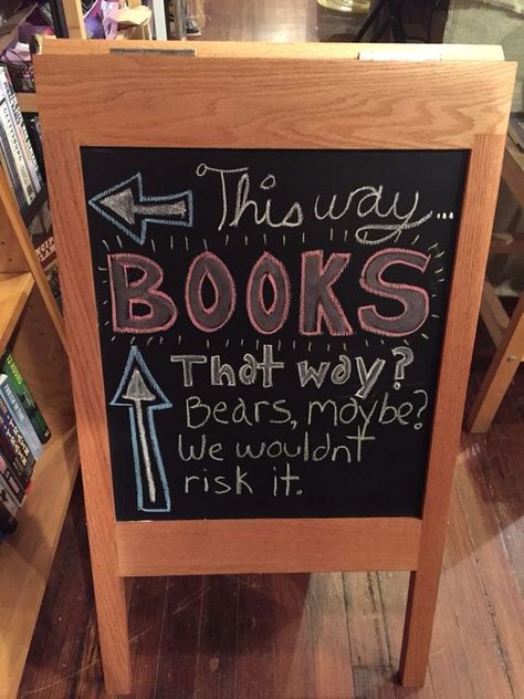 As if we needed another reason to love bookstores. | hilarious bookstore signs | book humor | bookstore humor | funny signs Librarian Humor, Library Humor, School Library Displays, Library Book Displays, Library Signs, High School Library, Library Bulletin Boards, Bookstore Cafe, Library Boards