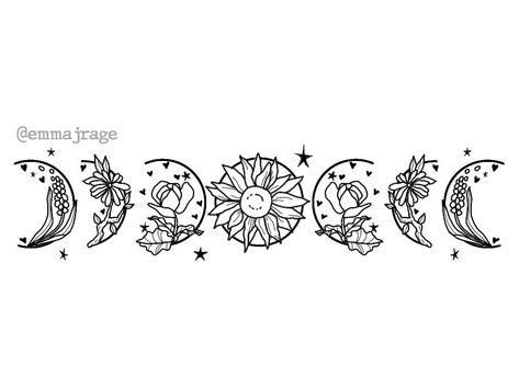 Moon Phase Floral Tattoo, Inspirational Tattoo For Women Unique, Flower Moon Phases, Fairy Sleeve, Tattoo Dream, Wiccan Tattoos, Moon Phases Tattoo, A Line Drawing, Stars Tattoo