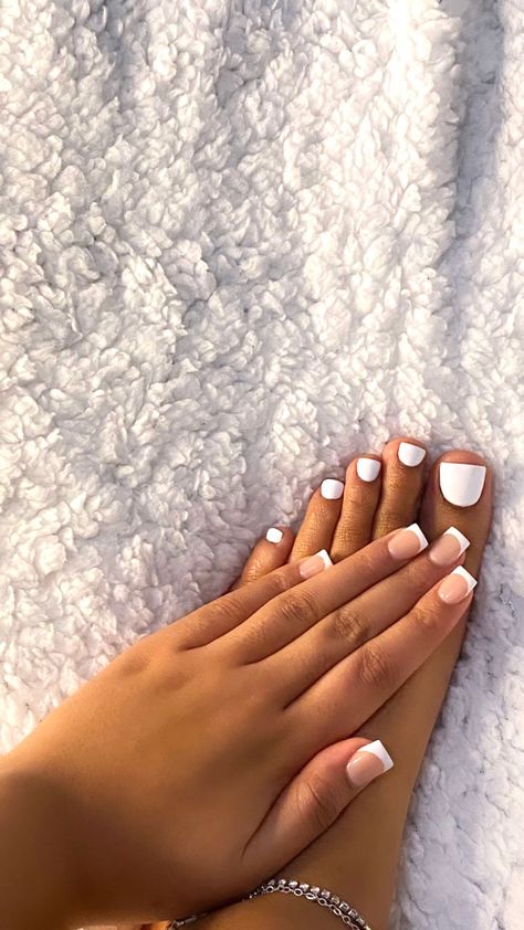 Mani Pedi Set Ideas, French Tip Matching Nails And Toes, White Manicure And Pedicure, Matching Nails And Feet Set, White Toe Nails Ideas With Design, Feet And Nails Matching French Tip, Matching Nail And Toe Sets Spring, Holiday Nails And Toes, French Hands And Toes