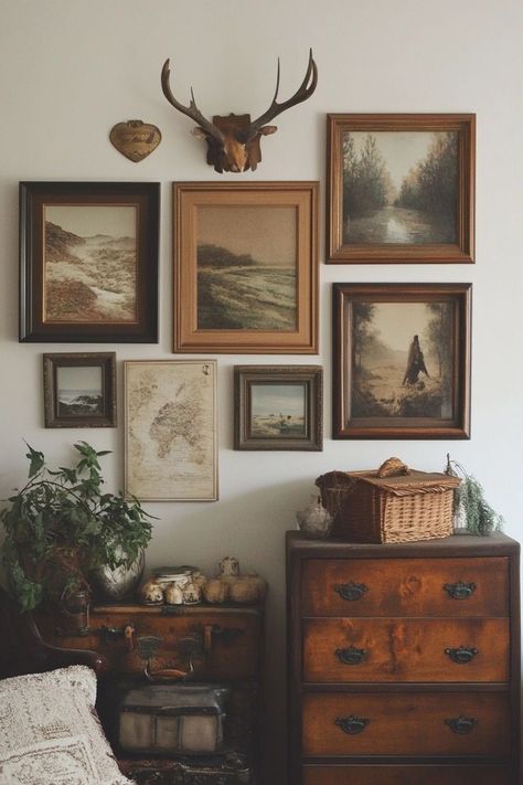 "Curate a Vintage-Inspired DIY Gallery Wall! 🖼️✨ Mix and match frames and artwork for a timeless, eclectic look. Perfect for adding character and charm to your home! 🏡🌟 #GalleryWall #VintageDecor #DIYProjects" Rustic Farmhouse Gallery Wall, Gallery Wall Antique Frames, Antique Photo Wall, Wood Frame Gallery Wall, Gallery Wall Rustic, Vintage Frame Wall, Vintage Art Gallery Wall, Gallery Wall Vintage, Apartment 2023