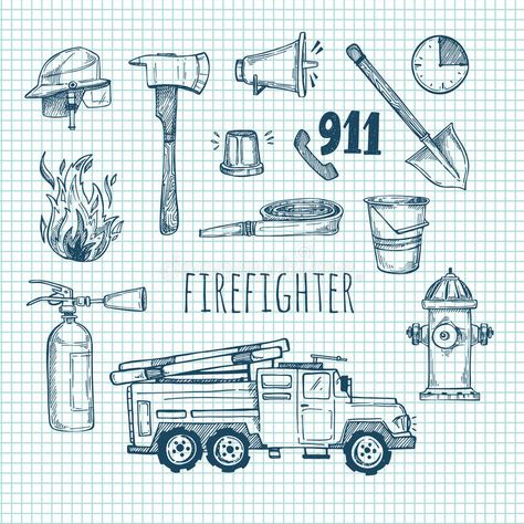 Hand drawn vector illustration - firefighter. Sketch icons vector illustration Firefighter Sketch, Firemen Tattoo, Fireman Illustration, Firefighter Illustration, Fireman Tattoo, Firefighter Drawing, Firefighter Tools, Sketch Icon, Wildland Firefighter