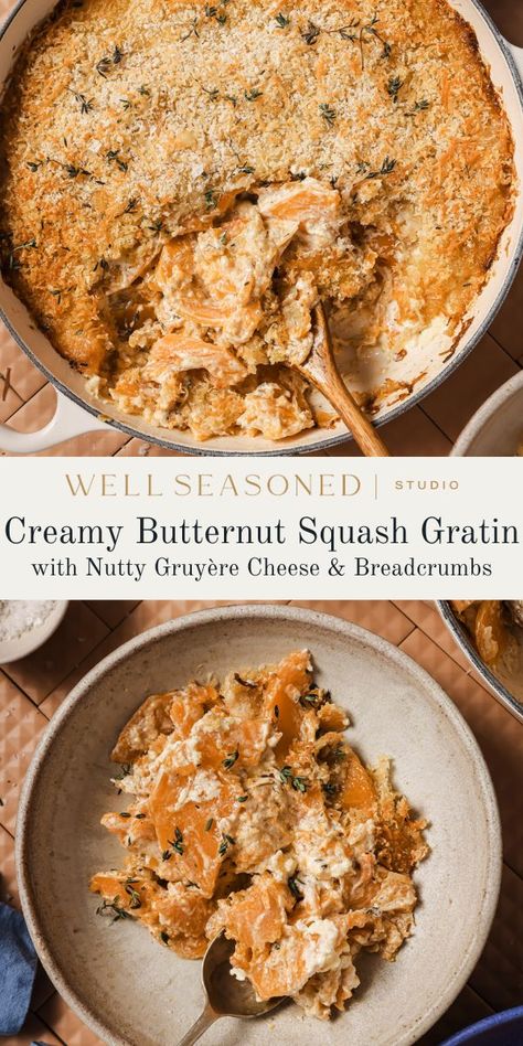 Butternut Squash Gratin with Gruyère Cheesy Butternut Squash, Sauteed Butternut Squash, Squash Gratin, Butternut Squash Gratin, Butternut Squash Cinnamon, Savory Sides, Easy Cream, Holiday Meal, Holiday Meals