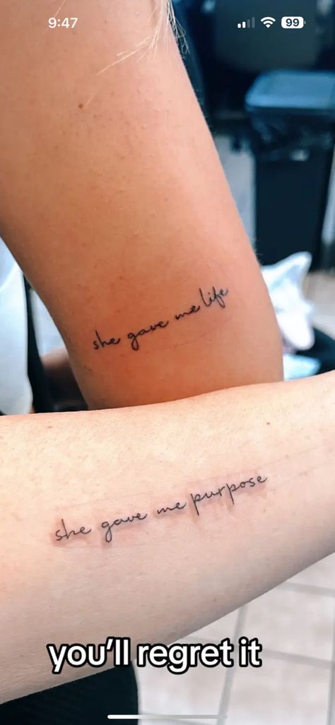 Tattoo Quotes For Moms Daughters, Tattoo Quotes For Parents, Small Tattoos For Your Mom, Daughter And Parents Tattoo, Godsister Matching Tattoos, Small Tattoos Strength, Mom And Daughter Word Tattoos, Minimal Feminine Tattoo, Mom Appreciation Tattoo