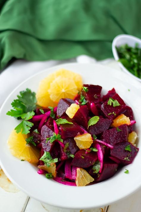 A simple Moroccan Beet Salad recipe with fresh orange dressing and mint. The perfect vegan appetizer or side dish for a Middle Eastern feast. Can be made ahead of time #salad #vegan Mediterranean Dressing, Red Beets Salad, Lamb Side Dishes, Beets Recipes, Cumin Recipes, Beef Tagine, Orange Dressing, Moroccan Salad, Beet Salad Recipes