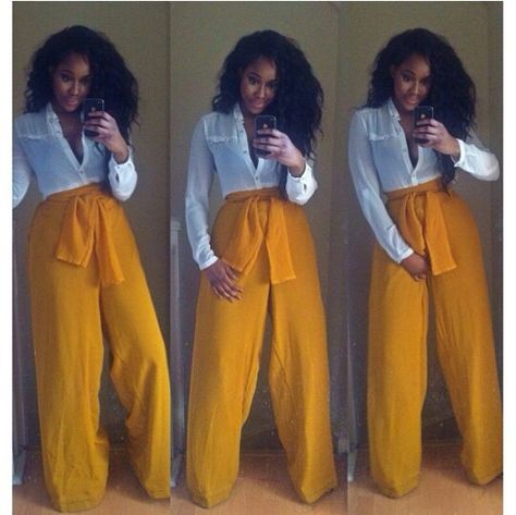 Berry Haute mustard yellow pants paired with a chiffon white top Yellow Palazzo Pants Outfits, Mustard Pants Outfit, Yellow Pants Outfit, Mustard Yellow Pants, Mustard Outfits, White Chiffon Tops, White Tops Outfit, 9to5chic Outfits, Pants Outfit Work