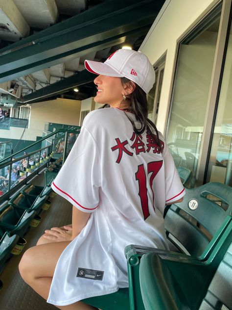 Baseball game outfit angels jersey clean girl Baseball Game Outfit, Baseball Jersey Outfit, Spirit Days, Game Outfit, Baseball Outfit, Jersey Outfit, Baseball Game, Baseball Games, Gaming Clothes