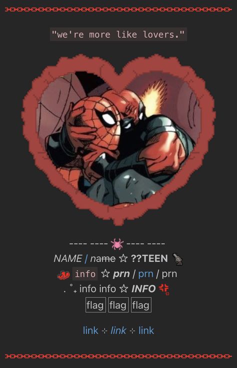 rentry template/inspo | spideypool, spiderman, deadpool | link in name Rentry Inspo Link, Deadpool Oc, Carrd Inspo Template, Rentry Template, Rentry Ideas, Spiderman Deadpool, Bio Template, Senior Year Things, Templates Aesthetic