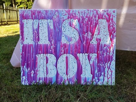 Gender reveal! My husband and I thought of this idea and it turned out amazing!  Used stencils, a cotton canvas (16x20 in the picture), painters tape, ScotchGard Heavy Duty Water Shield in an aerosol can, water based washable paint, water guns and some water to dilute the paint more. Gender Reveal Paint, Football Gender Reveal Invitations, Football Gender Reveal, Boy Or Girl Gender Reveal, Simple Gender Reveal, Creative Gender Reveals, Gender Reveal Baby Shower Themes, Gender Reveal Unique, Gender Reveal Announcement