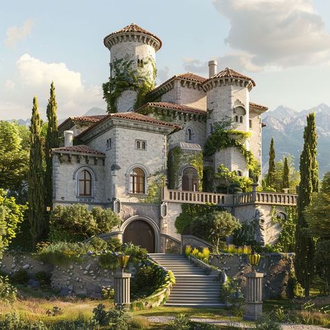 Fantasy Manor House, Storybook Mansion, Ethereal Castle, Mediterranean Castle, Italian Villa Interior, Spanish Castle, European Manor, Tuscany House, Castle Exterior