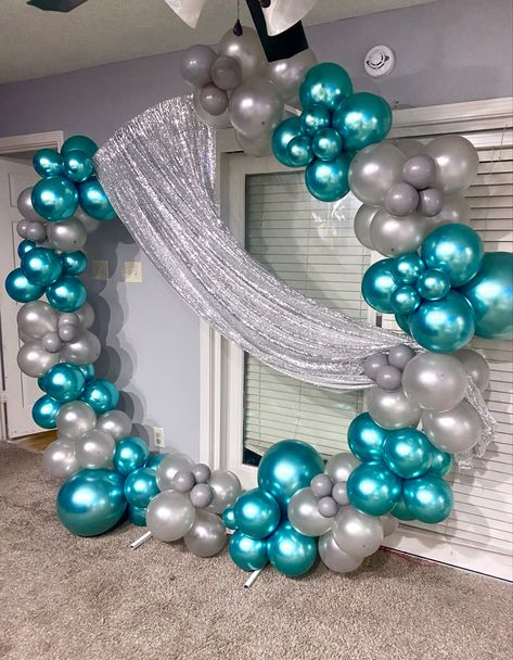 Teal And Silver Party Decorations, Teal And White Birthday Decorations, Teal And Silver Birthday Party Ideas, Teal And White Balloon Garland, Teal White And Silver Party Decorations, Teal White And Silver Balloon Garland, Teal And Silver Wedding, Teal Party Decorations, Turquoise Balloons