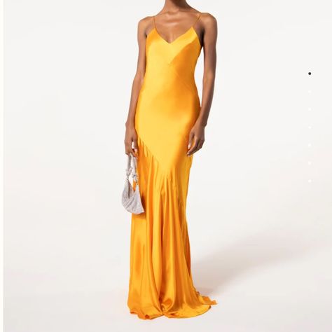 Brand New With Tags. Pit To Pit 14”. Waist 12.75”. Shoulder To Hem 64”. The Logo Tag Is A Little Loose. 92% Silk, 8% Spandex Orange Outfits, Marigold Dress, Orange Gown, Marigold Color, Yellow Bridesmaid Dresses, Orange Outfit, Full Length Gowns, Bridal Party Dresses, Long Midi Dress