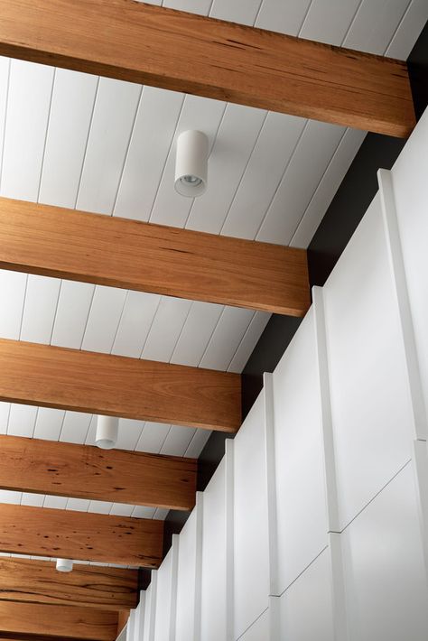 Melbourne House 5 Dutch Colonial House, Bungalow Living Room, Californian Bungalow, Wooden Ceiling Design, Brighton Houses, Timber Ceiling, Wood Beam Ceiling, Melbourne House, Finished Basement