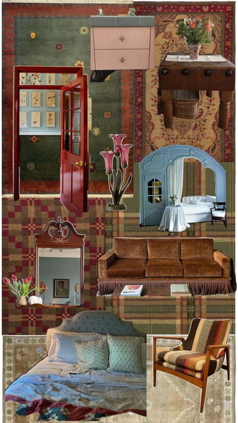 Mid Century Cabin Interiors, Mid Century Modern Maximalist, Grandma Home Decor, Mid Century Cabin, Eclectic Grandma, Grandma Home, Mid Century Cottage, Home Decor Mid Century, Interior Mood Board