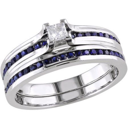 1/6 Carat T.W. Princess-Cut Diamond and 1/2 Carat T.G.W. Created Blue Sapphire Sterling Silver Bridal Set, Women's, Size: 5 Sapphire Wedding Set, Sapphire Bridal Set, Silver Lab, Traditional Engagement Rings, Sapphire Wedding, Bridesmaid Jewelry Sets, Diamond Bridal Sets, Bridal Ring Sets, Sterling Silver Engagement Rings