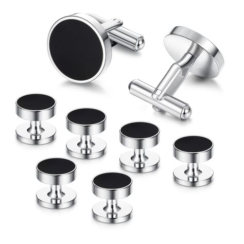 PRICES MAY VARY. Trendy Tuxedo Studs and Cufflinks Set: Classic round onyx cuff links and studs set. One order includes 1 pairs of men's cufflinks and 3 pairs of button studs for clothing, great value for men's everyday outfits. Classic black outside with a silver (gold) body that matches any colour shirt/tie/vest/tuxedo, will be always in trend. High-Quality Handmade Tuxedo Studs: These shiny tuxedos buttons are made of high-quality stainless steel, free from tarnishing and rusting. Smooth surf Vest Tuxedo, Studs For Men, Tie Vest, Tuxedo Studs, Studded Accessories, Silver Shirt, Button Studs, Classic Tuxedo, Shirt Tie