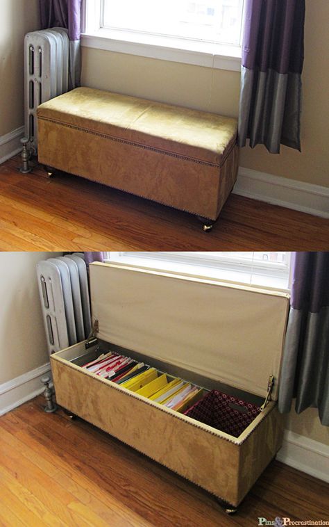 DIY File Bench Upcycled Antiques, Organised Office, Diy Storage Ottoman, Filing Cabinet Organization, Diy File Cabinet, Diy Storage Bench, Guest Room Office, Office Makeover, Filing System