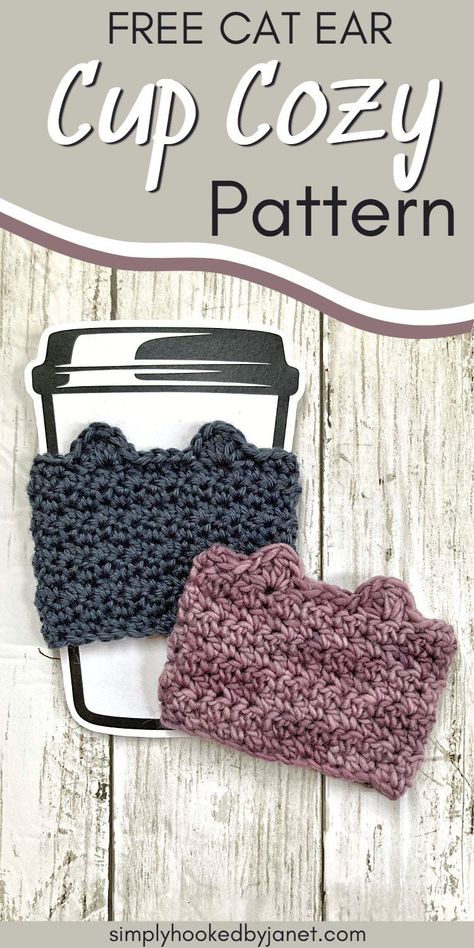 An easy and free crochet pattern for a fun cat ear cup cozy. This project will make a great gift and is perfect for leftover scrap yarn. Use a worsted weight yarn for this crochet cup cozy. Great gift idea for a cat lover. Easy and simple free crochet pattern. Crochet craft show item to sell. A free crochet coffee sleeve pattern by Simply Hooked by Janet. #freecrochetpattern Crochet Cat Mug Cozy, Crochet Cat Coffee Sleeve, Coffee Cup Cosy Crochet, Mug Sleeve Pattern, Crochet Cat Cup Cozy, Crochet Coffee Pattern, Cup Sleeve Crochet Pattern, Cup Coozie Crochet, Crochet Patterns Cup Cozy