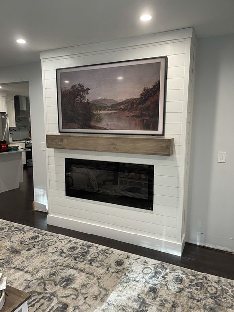 DIY Electric Shiplap Fireplace + Samsung Frame TV Shiplap Wall Fireplace With Tv Farmhouse, Farmhouse Fireplace With Tv, Tv Layout, Decorating Mantels, Gas Fireplace Ideas Living Rooms, Diy Shiplap Fireplace, Farmhouse Fireplace Decor, Fireplace Dimensions, House Upgrades