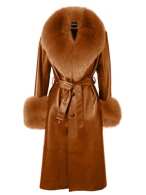 Color: Brown Front button closure Includes matching adjustable belt Faux fur collar and cuffs Two side pockets Material: Sheepskin Fully Lined Lining: Polyester Delicate dry clean Protect accessory before washing Cool iron Sample size: S Made-to-order (MTO) style Please allow additional 3-5 days for MTO order to be processed Style № ZC_NYC23_Foxy Leather Coat w/ Fox Fur In Brown Styled with Z' Diamante Detail Over The Knee Boot Satin Blazer, Outfits Petite, Current Fashion, 2022 Trends, Wool Blend Jacket, Fox Fur Coat, Outfits 2022, Outfits Fall, Indie Outfits