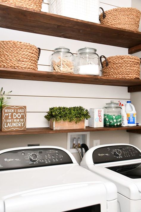 Our favorite part of the new laundry room is definitely the shiplap and shelving. It provides a lot of extra storage, plus the entire thing cost us less than $80. And it was super easy to complete! First thing we did was measure the back wall of our laundry room above the washer and dryer. … Budget Laundry Room Makeover, Laundry Room Organization Storage, Laundry Room Storage Shelves, Laundry Shelves, Diy Wood Stain, Small Laundry Room Organization, Wash Room, Diy Wood Shelves, Room Storage Diy