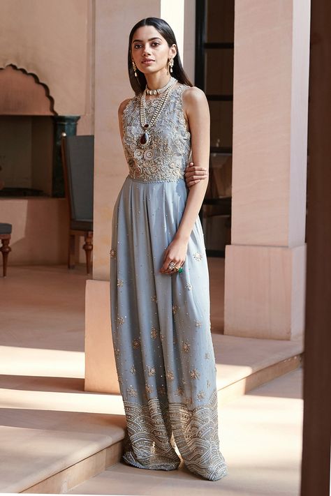 Sahil Kochhar, Western Dresses For Women, Printed Long Skirt, Jumpsuit For Women, Jumpsuit Blue, Indo Western Dress, Jumpsuit Online, Blue Jumpsuits, Organza Saree