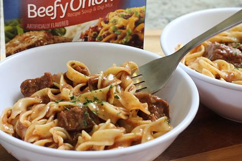 Try this Easy Beef and Noodles Recipe that is Perfect for for a Simple and Delicious Family Meal - Made with LIpton Beefy Onion Soup Mix Beef Stew With Lipton Onion Soup, Lipton Soup Recipes, Beef Stroganoff Lipton Onion Soup, Lipton Beefy Onion Soup Mix Recipes, Beefy Onion Soup Mix Recipes, Easy Beef And Noodles, Easy Mini Meatloaf Recipe, Beefy Onion Soup, Easy Beef And Noodles Recipe