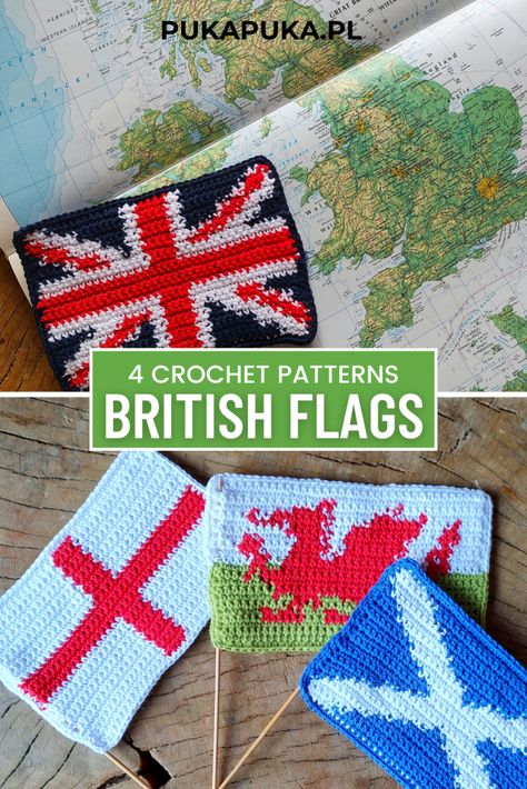 United Kingdom Flag Free Crochet Pattern - Pukapuka Small Crochet Projects, Fair Isle Crochet, Patch Backpack, Scottish Flag, English Flag, Welsh Flag, Friends Crochet, United Kingdom Flag, England Flag