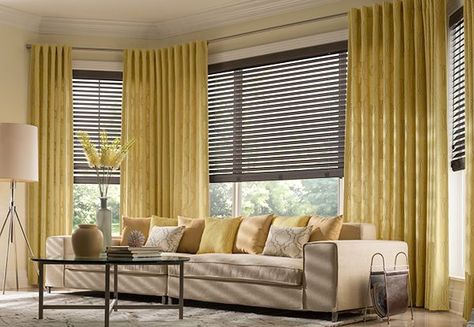 Blinds And Curtains Together, Yellow Drapes, Window Treatments Living Room, Faux Wood Blinds, House Blinds, Honeycomb Blinds, Wood Blinds, Window Room, Custom Window Treatments