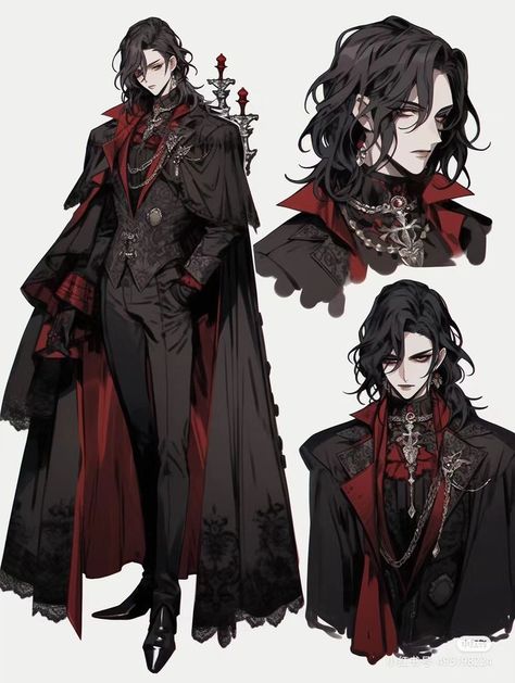 Male Character Design References Clothes, Fantasy Mens Outfits, Mens Fantasy Clothing, Fancy Clothes Men, Vampire Aesthetic Outfit Male, Fantasy Mens Clothes, Vampire Boy Aesthetic, Feminine Male Oc, Villain Outfits Design Male