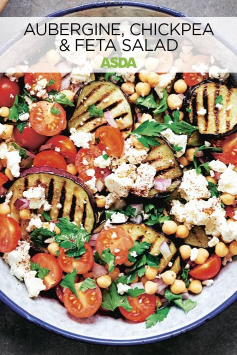 Grilled Aubergine Salad, Aubergine Salad Recipes, Chickpeas Meals, Sumac Dressing, Chickpea Feta Salad, Chickpea Feta, Asda Recipes, Aubergine Salad, Fage Yogurt