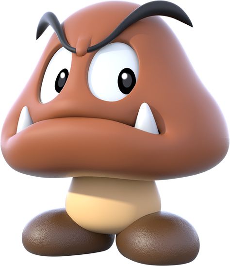 Goombas are recurring and the most common enemies in the Mario series. They debuted in Super Mario Bros. and are depicted as brown mushroom-like creatures with dark brown legs (whose name in Japanese is Kuribo, meaning chestnut people even if they take inspiration from Shiitake Mushrooms and not chestnuts).Goombas have bushy, black eyebrows and a pair of fangs sprouting from their lower jaw, although they never use their fangs. They bump into an enemy to hurt them. The Goombas once lived in... Mario Fancy Dress, Mario Images, Circus Characters, Cartoon Mushroom, Mushroom Pictures, Mario Birthday Party, Brown Mushroom, Super Mario World, Mario Brothers