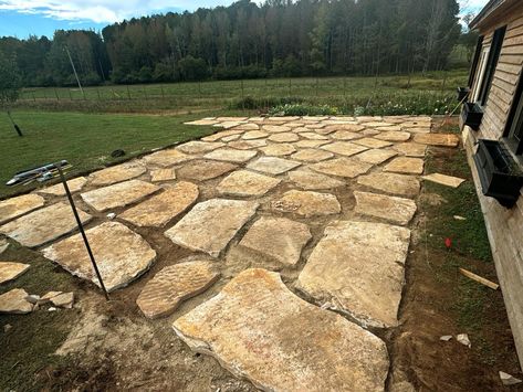 A Beautiful flagstone patio at a gorgeous flower farm by our amazing Hardscape Team Flagstone Patio Design, Egg Rock, Rock Path, Flagstone Patio, Mountain High, Landscaping Supplies, Concrete Patio, An Egg, Flower Farm