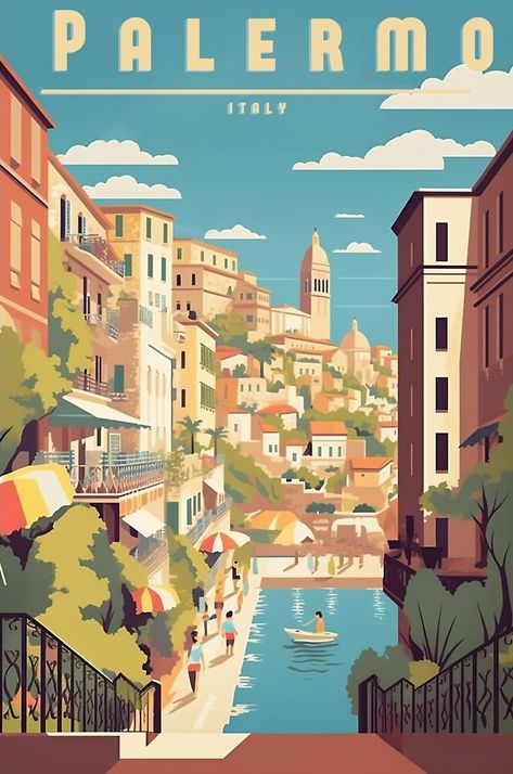 Toon Shader, Vacation List, Travel Room, Wanderlust Decor, Sicily Travel, Mediterranean Art, Palermo Italy, Italian Posters, Palermo Sicily