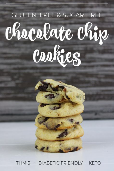 Use this recipe to make Gluten-Free Sugar-Free Chocolate Chip Cookies. These cookies are soft and chewy and stay that way for many days after. By far the best recipe I’ve found or created for Gluten-Free Sugar-Free Chocolate Chip Cookies.  #diabeticfriendly #keto #thm #cookies #chocolate #glutenfree #sugarfree Sugar Free Chocolate Chip Cookies, Trim Healthy Mama Dessert, Trim Healthy Recipes, Trim Healthy Momma, Thm Desserts, Sugar Free Chocolate Chips, Choc Chip Cookies, Thm Recipes, Gluten Free Sugar Free