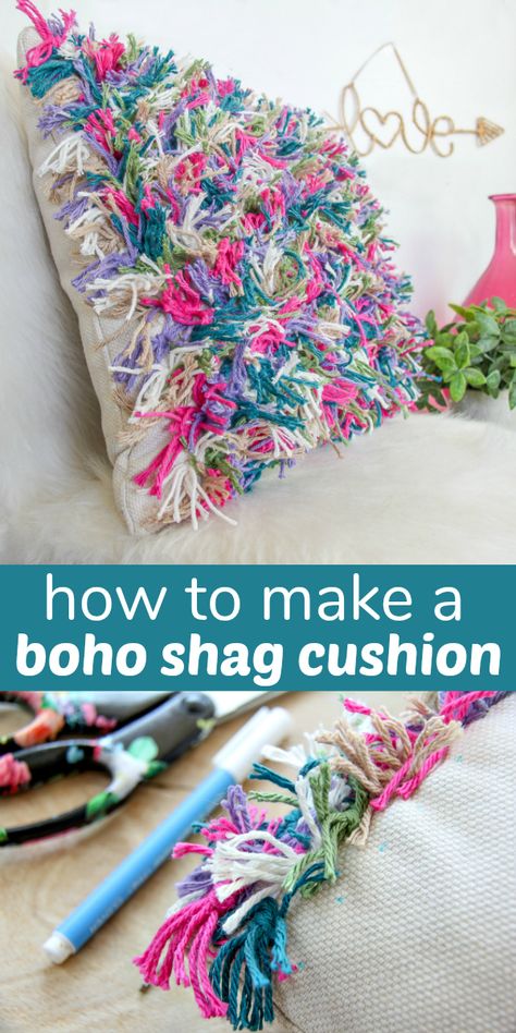 How to Make a Boho Inspired Shag Cushion - fun and easy to make, perfect for a tween or teen bedroom! Crochet Pillow Patterns Free, Boho Cushions, Diy Home Furniture, Diy Bathroom Decor, Crochet Cushions, Crochet Pillow, Fabric Markers, Boho Diy, Furniture Makeover Diy