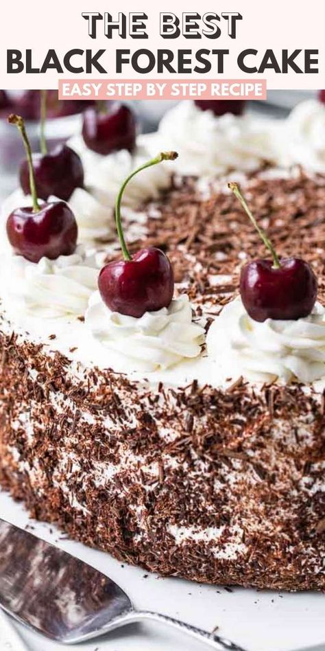 Black Forest Cake is a traditional German dessert made with chocolate sponge cake layers filled with whipped cream and cherries. This simple cake recipe is completely made from scratch and perfect for special occasions! #BlackForestCake #GermanRecipes #CakeRecipe Best Black Forest Cake Recipe, Black Forest Cake Recipe Easy, Black Forest Cake Easy, Traditional German Desserts, Simple Cake Recipe, German Dessert, Black Forest Cake Recipe, Black Forrest, Layer Cake Filling