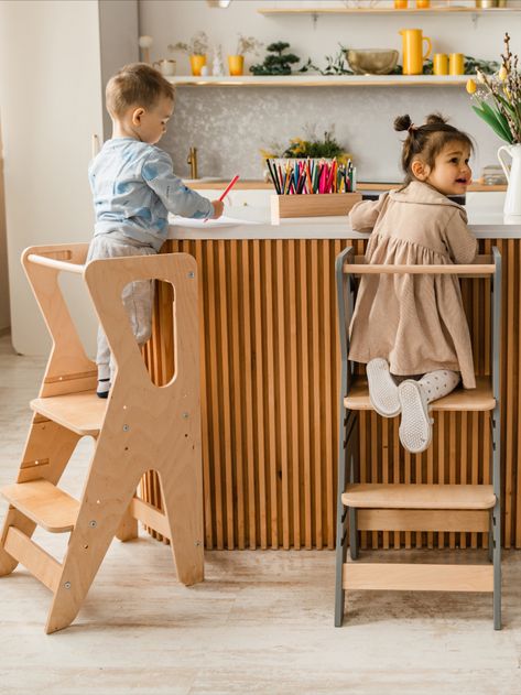 This kitchen helper tower is safe, stable, and made of quality materials. This Learning Tower also has adjustable steps, allowing the tower to grow with the child as they get taller. You can adjust both steps to three different ranges. Laconic design, stylish colors and natural materials will allow you to easily match the kitchen helper stool to any interior. Kitchen Helper Stool, Helper Stool, Kitchen Helper Tower, Toddler Tower, Helper Tower, Toddler Step Stool, Get Taller, Learning Tower, Kitchen Helper