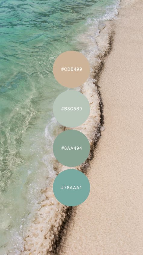 Beach days are forever with this palette of seafoam, light teal, turquoise and sand. Try it in the bathroom, home office, sunroom, master bedroom / bathroom, guest room, or at the cottage. #colourpalette #colorpalette #colour #color #palette #beach #sand #teal #turquoise #seafoam Office Sunroom, Bedroom Palette, Beach Color Palettes, Breeze Color, Teal Color Palette, Graphisches Design, House Color Palettes, Color Schemes Colour Palettes, Bathroom Guest