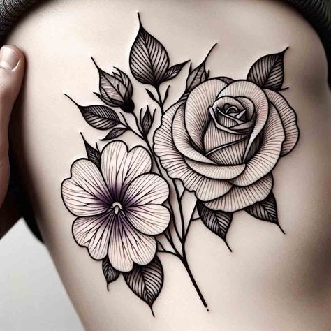 Violets And Roses Tattoo, Violet And Rose Flower Tattoo, Prim Rose Flower Tattoo, Rose And Violet Tattoo, Violet Rose Tattoo, Birth Flowers February, Violet And Rose Tattoo, Rose And Carnation Tattoo, Violet And Primrose Flower Tattoo