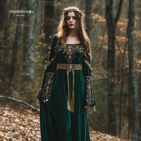 Dress design made for inspiration with ai #elvendress #fairydress #forestcore #forestwedding #celtic #viking #medieval Medieval Day Dress, Modern Celtic Dress, Elven Queen Dress, Viking Dress Woman Medieval, Irish Dress Traditional, Viking Ball Gown, Celtic Outfit Medieval, Celtic Dress Wedding, Irish Medieval Dress