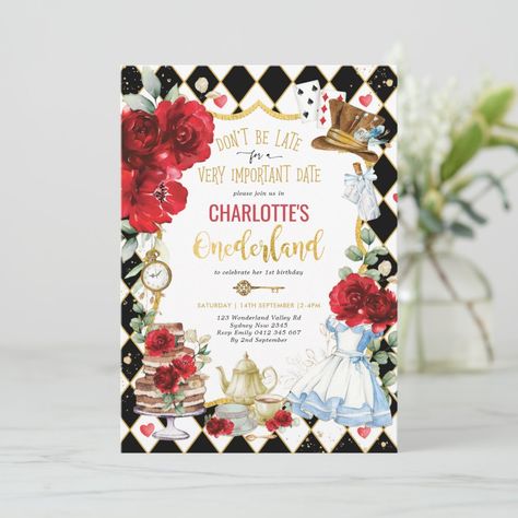 Alice in Onederland Red Roses 1st Birthday Tea Invitation | #aliceinwonderland #madhatter #watercolorgardenflowers #watercolorroses #girls1stfirstbirthday #onederlandteaparty #highteacaketeapotteacup #storybookfairytalemagical #redfloral #redblackgoldglitter Tea Party Baby Shower Invitations, Alice In Onederland, Alice In Wonderland Invitations, Tea Bridal Shower Invitations, Wonderland Invitation, Alice In Wonderland Birthday, 1st Birthday Party Invitations, Tea Party Invitations, 2nd Birthday Invitations