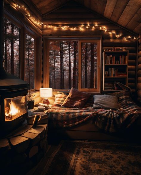 Fall Cabins In The Woods, Creepy Cozy Aesthetic, Cozy Living Room Aesthetic Comfy, Cosy Cabin Aesthetic, Cozy Home Outside, Cozy Big House, Fall Cabin Aesthetic, Cabin Aesthetic Interiors, Cozy Fireplace Aesthetic