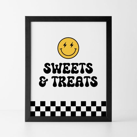 Retro Checker Happy Face Sweets and Treats Poster - tap, personalize, buy right now! #Poster #retro #birthday, #boy #black #and Checkered Baby Shower Ideas, 3rd Bday Theme, Activity Bins, 5 Is A Vibe, Five Is A Vibe, Baby 2024, Skateboard Birthday, Hotwheels Birthday Party, One Happy Dude