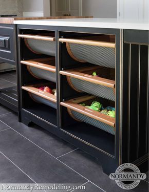 Wire mesh drawers allow for easy access to fresh fruits and veggies while adding interest to a space. Onion Storage, Vegetable Drawer, Produce Storage, Kitchen Improvements, Desain Pantry, Coastal Bathroom, Kitchen Modular, Bathroom Retreat, Kitchen Pantry Design