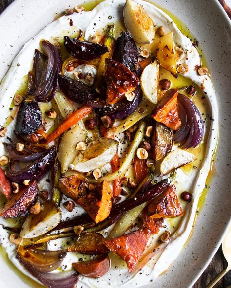 Honey Roasted Winter Vegetables with Black Pepper Yogurt - The Original Dish Roasted Winter Vegetables, Winter Side Dishes, The Original Dish, Winter Veggies, Goal Oriented, Indulgent Food, Winter Vegetables, Vegetable Side, Roasted Beets