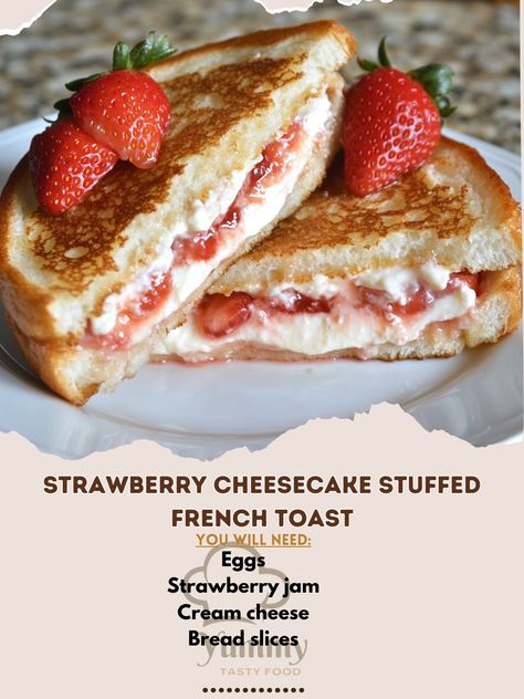 🍓🍞 Delight in Strawberry Cheesecake Stuffed French Toast! A decadent breakfast that feels like dessert! 🍓🍞 #FrenchToast #BreakfastTreat Strawberry Cheesecake Stuffed French Toast Ingredients: Bread slices (8) Cream cheese (1/2 cup) Strawberry jam (1/4 cup) Eggs (3) Milk (1 cup) Vanilla extract (1 tsp) Butter (for cooking) Fresh strawberries, sliced (for garnish) Instructions: Mix cream cheese and strawberry jam. Spread between two slices of bread. Beat eggs, milk, and vanilla. Dip stuffed... Cream Cheese And Jam Toast, Vanilla Dip, Cheesecake Stuffed French Toast, Menu Presentation, Decadent Breakfast, Cream Cheese Toast, Cream Cheese Sandwiches, French Toast Ingredients, French Bread Recipe