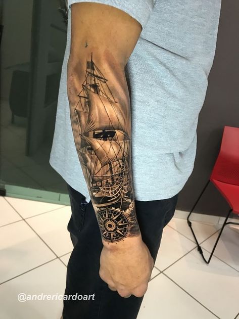 Ship Forearm Tattoo Men, Nautical Knee Tattoo, Ship Arm Tattoo, Ship Tattoos For Men, Boat Tattoo Men, Ship Tattoo Sleeves, Nautical Tattoo Sleeve, Boat Tattoo, Viking Tattoo Sleeve