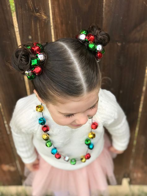 Festive Hairstyles Christmas Kids, Christmas Hair Dos For Kids, Christmas Hair Buns For Kids, Christmas Crazy Hair Day Short Hair, Christmas Kid Hairstyles, Kids Whoville Hair, Christmas Hairstyles Toddler, Christmas Hair Day At School, Christmas Hair For Toddlers