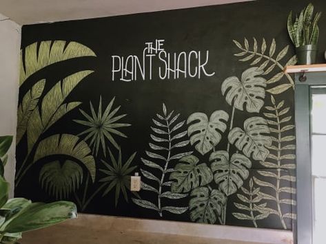 Plant Mural Wall, Plant Graffiti, Plant Wall Painting, Plant Mural, Chalk Wall Art, Mural Cafe, Garden Mural, Chalk Wall, Forest Mural