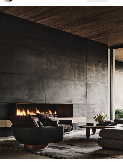 Chalet Fireplace Modern, Modern Metal Fireplace, Contemporary Living Room Fireplace, Brutalist Fireplace, Mountain Modern Living Room, Modern Mountain Interior, Modern Fireplace Ideas Living Rooms, Farmhouse Fireplace Ideas, Modern Farmhouse Fireplace